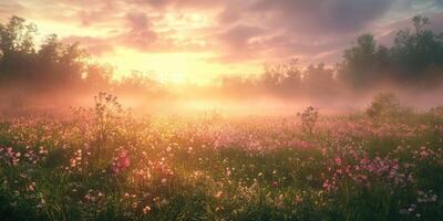 Sunrise over flower field shrouded in morning fog photo