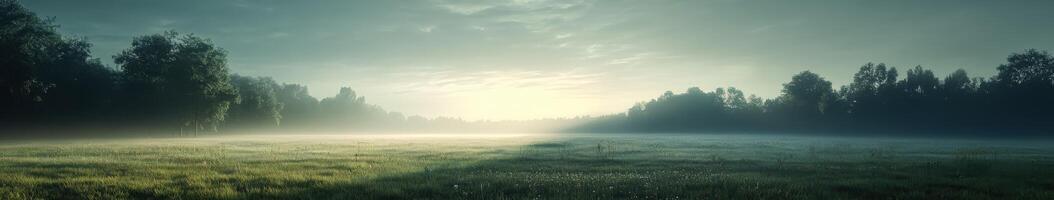 A field with trees and grass in the middle of a foggy day photo