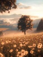 Serene morning fog over a flowering field in tranquil nature photo
