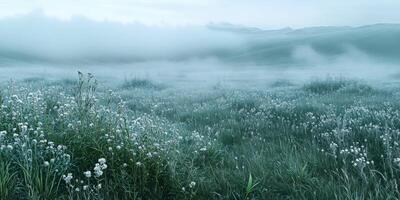 Fog blankets a tranquil field of flowers in lush nature photo
