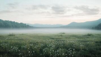 Fog envelops a serene meadow at dawn, revealing nature's beauty photo