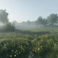 Morning fog blankets a serene meadow filled with wildflowers photo