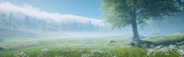 Fog envelops a serene meadow at dawn showcasing tranquil nature photo