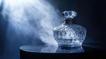 A glass perfume bottle with smoke coming out of it photo