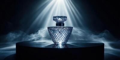 A bottle of perfume sitting on a pedestal with smoke coming from it photo