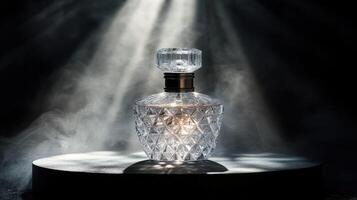 A glass perfume bottle with smoke coming out of it photo