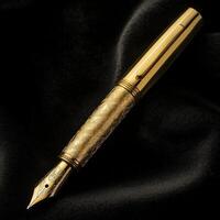Elegant gold fountain pen resting on dark fabric photo