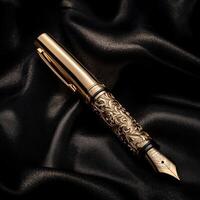 Elegant gold fountain pen resting on dark satin fabric photo