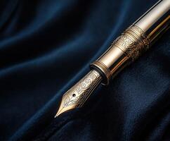 Elegant golden fountain pen resting on dark silk fabric photo