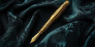 A gold fountain pen laying on a blue cloth photo