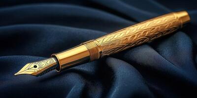 Elegant golden fountain pen on dark satin fabric photo