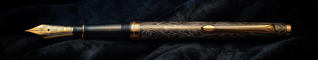 Elegant fountain pen resting on dark fabric background photo