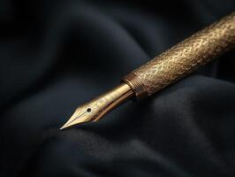 Elegant golden fountain pen on a dark fabric surface photo