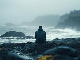 Contemplation by the rugged coastline during a misty day photo