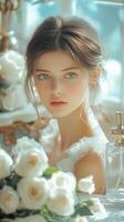 Portrait of a young woman surrounded by white roses indoors photo