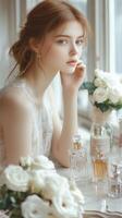 Elegant woman with perfume bottles and white roses by the window photo