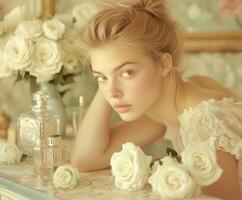 Young woman surrounded by white roses and vintage items in soft light photo