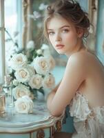 Young woman in delicate attire with roses near a bright window photo