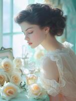 Elegant woman surrounded by roses and perfume in soft light photo