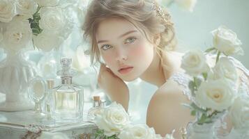 Young woman surrounded by white roses and perfume bottles indoors photo