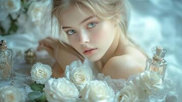 Elegant woman surrounded by white roses and delicate fragrances photo