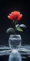 Red rose in frozen vase under dramatic lighting photo