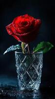 Bright red rose with water droplets in a crystal vase photo