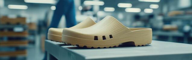 Clogs displayed on a worktable in a modern footwear workshop photo