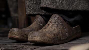 Clogs resting on rustic wooden floor in traditional setting photo