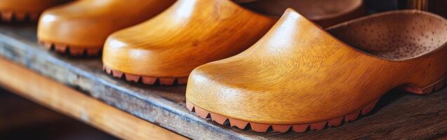 Wooden clogs arranged neatly on a rustic wooden shelf photo