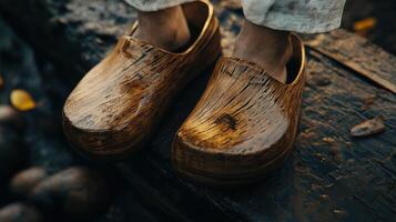 Wooden clogs resting on a rustic wooden surface in nature photo