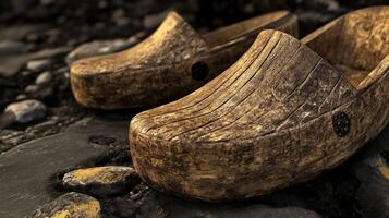 A pair of wooden clogs sitting on a rocky surface photo