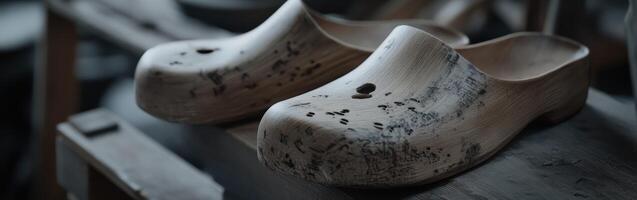 Traditional wooden clogs displayed on a workbench in a craft studio photo