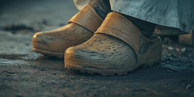 Wood clogs resting on uneven ground near a worksite photo