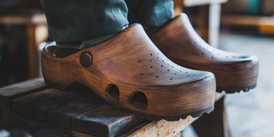 Stylish wooden clogs worn in a cozy workshop setting photo