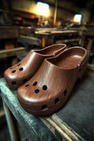Wooden clogs resting on a workbench in a workshop photo