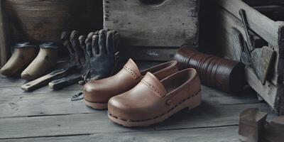 Crafted wooden clogs on a rustic workshop floor with tools photo