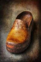 Handcrafted wooden clog showcasing unique design and texture photo