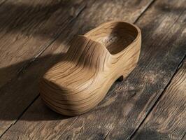 Clogs placed on rustic wooden surface in softly lit environment photo