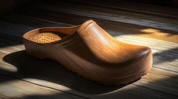 Stylish wooden clogs placed on a rustic wooden surface photo