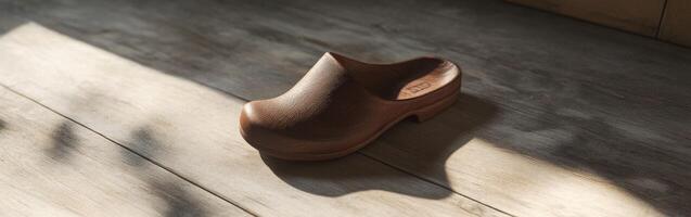 A single clog is placed on a wooden floor, bathed in warm sunlight photo