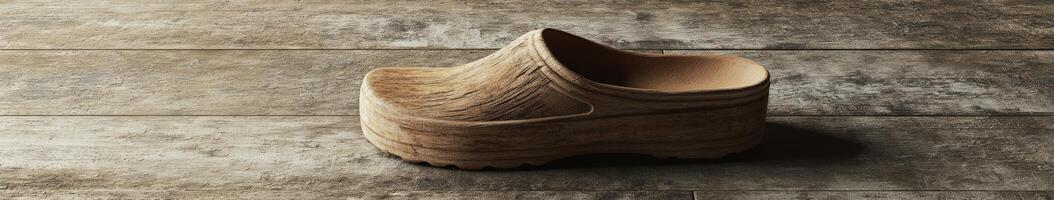 Clogs designed with a wooden texture placed on a rustic wooden floor photo