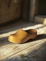 Wooden clog illuminated by sunlight on rustic wooden floor photo