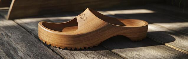 Unique wooden clogs resting on a wooden surface in soft light photo