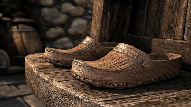 Clogs resting on a wooden bench in a rustic setting photo