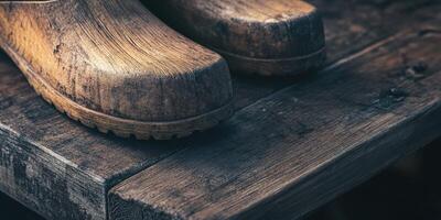Wooden clogs resting on a rustic wooden surface in natural light photo