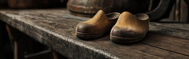 Wooden clogs resting on a rustic table in a workshop photo