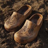 Wooden clogs resting on rich brown soil in a farm setting photo