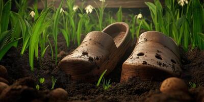 Wooden clogs resting among lush green grass and flowers photo
