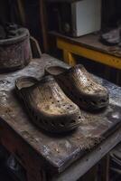 Handmade wooden clogs resting on a workbench in a workshop photo